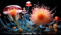 Glowing underwater tentacle, a colorful cnidarian in dark macro generated by AI