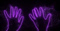 Glowing vfx neon contours of palms waving at the camera. The concept of greeting, admiration, idolatry, fans, concert