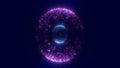 Glowing violet and blue dual energy spheres composed of floating light particles in dark space Royalty Free Stock Photo