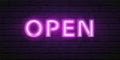 Glowing violet neon script OPEN. Vector font for typography design. Bright font with fluorescent tubes in boxing Royalty Free Stock Photo