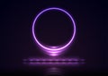 Glowing violet round neon sign technology background