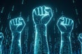 Glowing virtual digital fists are raised in gesture of defiance