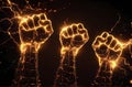 Glowing virtual digital fists are raised in gesture of defiance