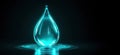 Glowing water droplet with ripples in dark background showcasing light reflections Royalty Free Stock Photo