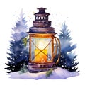 Glowing Watercolor Christmas Lantern Lighting the Way Through the Snowy Night AI Generated Royalty Free Stock Photo