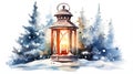 Glowing Watercolor Christmas Lantern Lighting the Way Through the Snowy Night AI Generated Royalty Free Stock Photo