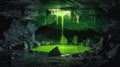 Glowing Waterfall and Pool in Dark Cave With Stalactites Royalty Free Stock Photo
