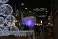 Glowing whale, Big Blue, in the city centre of Reading in England, UK in December 2018,