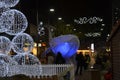 Glowing whale, Big Blue, in the city centre of Reading in England, UK in December 2018,