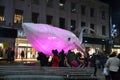 Glowing whale, Big Blue, in the city centre of Reading in England, UK in December 2018,