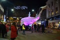 Glowing whale, Big Blue in the city centre of Reading in England, UK in December 2018