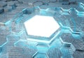 Glowing white and blue hexagons podium background pattern. Hexagonal metal Mockup with lights and reflections. 3D rendering