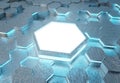 Glowing white and blue hexagons podium background pattern. Hexagonal metal Mockup with lights and reflections. 3D rendering