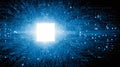 Glowing white central processing unit chip illuminates complex vibrant blue digital circuitry pathways representing artificial Royalty Free Stock Photo