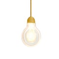 Glowing white light bulb with a gold base and cord on white background Royalty Free Stock Photo