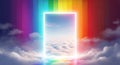 A glowing white rectangular frame opens into a sky filled with fluffy clouds, viewe Royalty Free Stock Photo