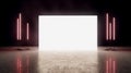 Glowing screen flanked by red vertical lights on a dark stage with reflections. Display concept. 3D Rendering Royalty Free Stock Photo