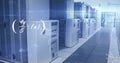 Glowing white server cabinets lining data center corridor, with LED lights and digital overlays Royalty Free Stock Photo