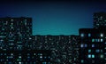 Glowing windows of buildings, stars in night sky. View from window on city night landscape. Light of the windows in tall buildings