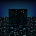 Glowing windows of buildings, stars in night sky. View from window on city night landscape. Light of the windows in tall buildings