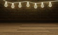 Glowing wireframe blub on Brick wall background and wooden floor
