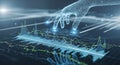 Digital hand interacting with futuristic data visualization displaying complex financial market trends Royalty Free Stock Photo