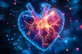 Glowing wireframe human heart with blue network and orange core, symbolizing medical AI. Royalty Free Stock Photo