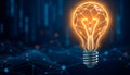 Glowing Wireframe Lightbulb on Digital Network Background Royalty Free Stock Photo