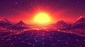 Glowing wireframe network landscape with retro sun rising Royalty Free Stock Photo