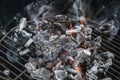 Glowing wood charcoal with small flames and smoke in a black grill, preparation for a barbecue, copy space, selected focus