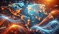 Glowing world map showing global connectivity and digital networks with data points Royalty Free Stock Photo