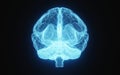 Glowing X-ray image of human brain in blue wireframe on isolated black background. Science and medical concept. In front of brain Royalty Free Stock Photo