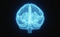 Glowing X-ray image of human brain in blue wireframe on isolated black background. Science and medical concept. In front of brain Royalty Free Stock Photo