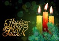 Glowing xmas candles with melted wax and christmas tree on dark green bokeh background. Lettering Happy New Year.
