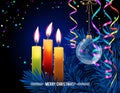 Glowing xmas candles with melted wax, christmas tree, serpentine, glass ball on night bokeh background.