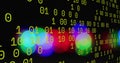 Glowing yellow binary digits forming vertical columns over digital studio, with colorful bokeh Royalty Free Stock Photo
