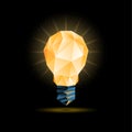 Glowing yellow 3d low poly light bulb model. polygonal bulb illustration on a black background.