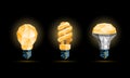 Glowing yellow 3d low poly light bulbs model set.