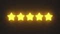 Glowing yellow five star rating on a black background.