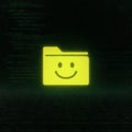 Smiling folder icon glowing in digital void with retro cyber aesthetic and glitchy matrix code background artificial intelligence Royalty Free Stock Photo