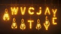 In a glowing yellow lamp, cartoon sans serif letters hang from wires. Latin abc uppercase letters, typeface for greeting