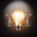 Glowing yellow light bulb, other tungsten light bulbs on dark background, creative idea concept, realistic vector illustration Royalty Free Stock Photo