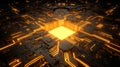 Glowing yellow light emerging from a complex computer circuit board illustrating technological innovation and data processing Royalty Free Stock Photo
