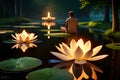 glowing yellow lotuses on a pond. calming and relaxing nature scene background