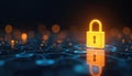 Glowing yellow padlock on digital network. Symbolizes data protection privacy safety internet security access control and threat Royalty Free Stock Photo