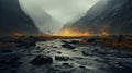 Glowing Yellow Rocks: A Captivating Misty Gothic River