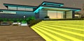 Glowing yellow steps at night. Turquoise illuminated LED stripe along the walls. Glass entry door to the house. 3d rendering