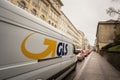 GLS logo on a delivery truck in Brno center. GLS, or General Logistics Systems, is Dutch company providing courier, parcel service