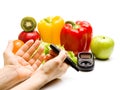 Glucometer. fresh fruits, concept for diabetes, slimming, healthy nutrition and strengthening immunity Royalty Free Stock Photo