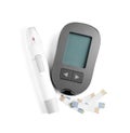 Glucometer, lancet pen and strips on white background, top view. Diabetes testing kit Royalty Free Stock Photo